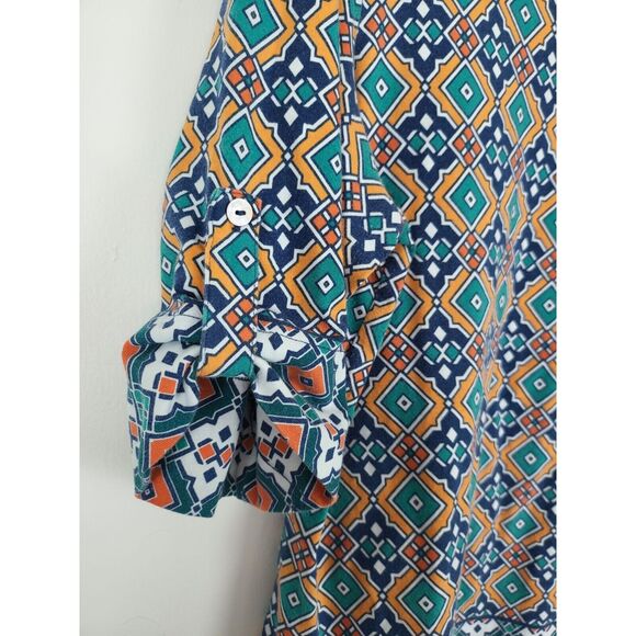 Ruby Rd Top L Womens Multicolor Crew Neck 1/2 Roll Tab Sleeve Geometric Pullover - Picture 3 of 9